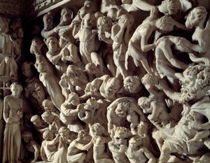 ジョヴァンニ・ピサーノ（1248-1314）が実現した椅子のレリーフの詳細：ダム（大理石の説教壇のレリーフの詳細） 1302-1311年 ピサ大聖堂（Duomo di Pisa）、イタリア