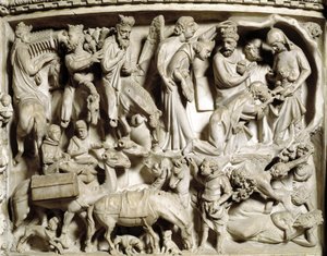 ジョヴァンニ・ピサーノ（1248-1314）が実現した椅子のレリーフの詳細：航海とマギの崇拝（大理石の説教壇のレリーフの詳細、航海とマギの崇拝） 1302-1311年 ピサのカテドラーレ（Duomo di Pisa）、イタリア