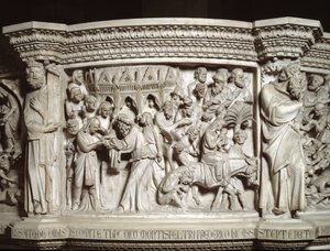 ジョヴァンニ・ピサーノ（1248-1314）が実現した椅子のレリーフの詳細：神殿でのイエスの提示とエジプトへの逃亡（大理石製説教壇のレリーフの詳細） 1302-1311年 ピサのカテドラーレ（Duomo di Pisa）、イタリア 作： Giovanni Pisano