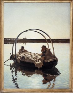 アヴェ・マリア：川を渡るフェリーで羊の群れと一緒に子供を抱きしめる母親 作： Giovanni Segantini