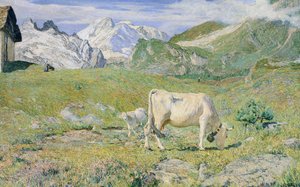 ジョバンニ・セガンティーニ（1858-1899）の「春の牧草地」。 作： Giovanni Segantini
