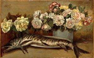 花と魚またはパイクとバラのある静物画 作： Giovanni Segantini