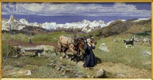 春のアルプスの山々（1879年、油彩・キャンバス 作： Giovanni Segantini