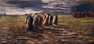 ジョバンニ・セガンティーニ（1858-1899）の「ジャガイモの収穫」。 作： Giovanni Segantini