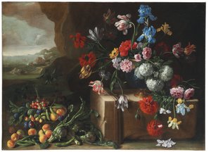 風景の中の菊、チューリップ、アイリス、その他の花や果物 作： Giovanni Stanchi