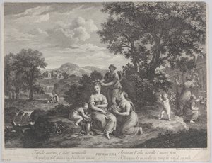 Primavera は、花を集めて冠を作る女性グループです。 1764年。 作： Giovanni Volpato
