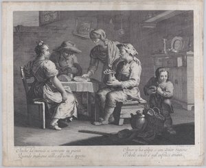 男性が空の皿を持ってくると、左側のテーブルの周りに座っている3人., 1760-70. 作： Giovanni Volpato