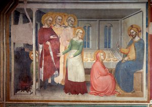 聖母の生涯。マルタとマリアの家のキリスト（フレスコ画 作： Giovanni da Milano