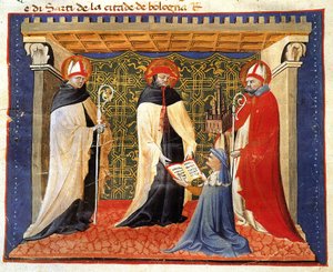 ジョヴァンニ・ダ・モデナによる呉服商組合の法令のミニチュア 作： Giovanni da Modena