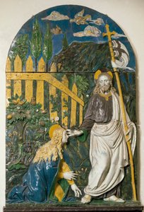 Noli me tangere イエス・キリストは、赤い十字架が打たれた白い旗（スタンダード）を持ち、彼のアウレオールには十字架が描かれています。ジョヴァンニ・デッラ・ロッビア（1469-1529）の陶製レリーフ・ストッキング フィレンツェ、バルジェッロ美術館 作： Giovanni della Robbia