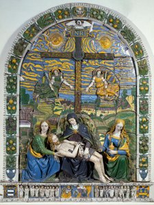 供物（ピエタ） イエス・キリストと聖母マリアを聖ヨハネと聖マグダラのマリアが取り囲み、INRI（I.N.R.I.）と刻まれた十字架の前にいます。ジョヴァンニ・デッラ・ロッビア(1469-1529)による低浮彫り陶器。3x2.28 m フィレンツェ、ナツィオナーレ美術館 作： Giovanni della Robbia