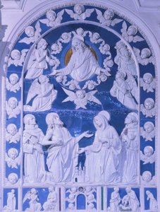 聖フランチェスコ、聖ドミニク、聖ベルナルドの間の聖母」ジョヴァンニ・デッラ・ロッビア（1469-1529）作、トスカーナ州フォイアーノ・デッラ・キアーナのサン・フランチェスコ教会蔵 作： Giovanni della Robbia