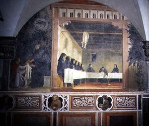聖ベネディクトと毒パン」 1430年代頃 「オレンジの回廊」の聖ベネディクトの生涯を描いたフレスコ画の一部（フレスコ画 作： Giovanni di Consalvo (attr. to)