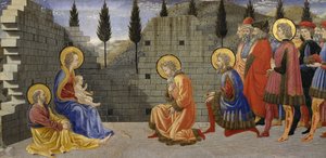 ジョヴァンニ・ディ・フランチェスコ（1412-1459）によるマギのアオレーション、キリスト降誕の詳細とマギの崇拝、1457年から1459年の間、木にテンペラ。 作： Giovanni di Francesco