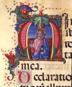 Ms 542 f.31r フィレンツェのバディア・フィオレンティーナ教会のドン・アッピアーノが書いた詩篇に登場する男性聖人を描いた歴史的なイニシャル「H」。 作： Giovanni di Guiliano Boccardi