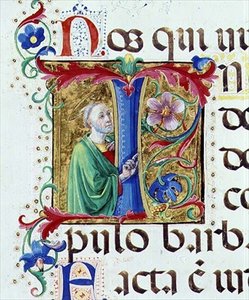 Ms 542 f.44v フィレンツェのバディア・フィオレンティーナ教会のドン・アッピアーノが書いた詩篇の男性聖人を描いた歴史的なイニシャル「I」。 作： Giovanni di Guiliano Boccardi