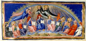 Paradiso, Canto X. Beatrice ja Dante leijuvat auringon taivaan vieressä tapaavat viisaudestaan tunnustetut. Heitä tervehtii St. Thomas Aquinas Albertus Magnuksen kanssa. Alla on kymmenen viisauden edustajaa; Bede, St. Ambrose, Isidore of Sev 作： Giovanni di Paolo