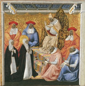 アヴィニョンで教皇の前にシエナの聖カタリナ 作： Giovanni di Paolo