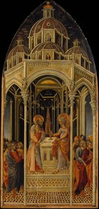 ザカリアへの受胎告知、受胎告知の天使、約。 1455-60。 作： Giovanni di Paolo