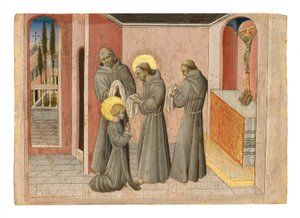 聖クレアの叙任詩：聖フランシスから彼女の秩序の服を受け取る聖人、1389-1482年頃（パネルにテンペラと金） 作： Giovanni di Paolo