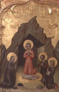 聖母、聖ヨセフ、2人の聖人による幼子の崇拝 作： Giovanni di Paolo di Grazia