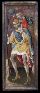 イエス・キリストを肩に担ぐ聖人クリストファー。ジョヴァンニ・ディ・パオロ・ディ・グラツィア（Giovanni dal Poggio）による絵画 作： Giovanni di Paolo di Grazia