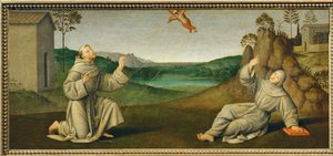 アッシジの聖フランチェスコ、聖痕を受ける... 作： ジョヴァンニ ディ ピエトロ (c.1450-1529) (スタジオ)