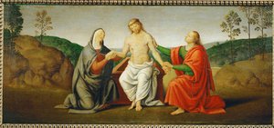 聖母マリアと使徒ヨハネに支えられた死んだキリスト......。 作： ジョヴァンニ ディ ピエトロ (c.1450-1529) (スタジオ)