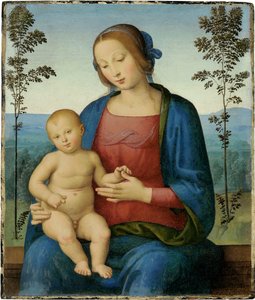 The Virgin and Child (Madonna and Child) - Lo Spagna (Giovanni di Pietro) による絵画 (1450-1528)、木に油彩 (36.8x31.4 cm)、イタリア ルネッサンス - 個人蔵 作： Giovanni di Pietro (c.1450 1529)