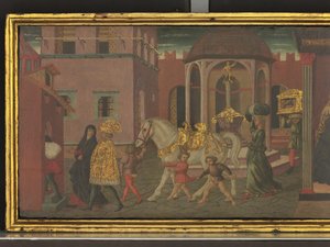 トラヤヌスと未亡人の物語 カッソーネ・パネルの細部 1450年頃 パネルにテンペラ 作： Giovanni di Ser Giovanni Scheggia