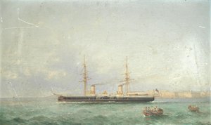 ヴァレッタのグランド・ハーバーから出航する戦艦HMSインフレクティブル