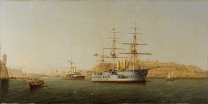 マルタを出港する船HMS「アレクサンドラ」と、ヴァレッタ（バレッタ）の建物が右側に非常に詳細に描かれている。ジローラモ・ジャンニ（1837-1895）作 木に油絵 作： Girolamo Gianni
