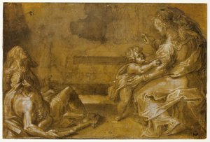 階段のふもとに横たわる 2 人の乞食と座っている母と子 作： Girolamo Macchietti