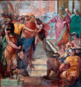 キリストはカイフスの前に導かれます ジローラモ・マッセイ（1540-1614）1594-1600ローマ、サンタ・プラッセデによって作られたキリストの受難のフレスコ画の詳細 作： Girolamo Massel
