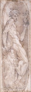メダリオンに座ったリンゴを持ったアダム、c.1547-1553 作： Girolamo Mazzola Bedoli