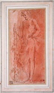 バッカス（ペン、茶インク、ウォッシュ、紙） 作： Girolamo Mazzola Bedoli