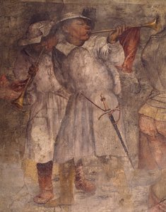 トランペットを吹く男の図 イタリア、ブレノの聖アンソニー（サンアントニオ）教会、ジロラモ・ロマニノ（1484-1566年頃）によるフレスコ画の細部 作： Girolamo Romanino