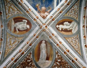 モザイクが施されたニッチと彫像、ベルナルド・クレシオの依頼によるジロラモ・ロマーノ（1484年頃～1559年以降）のフレスコ画の詳細 作： Girolamo Romanino