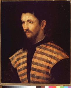 縞模様のジャケットを着た紳士の肖像 - 油彩・キャンバス 作： Girolamo Romanino