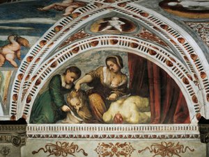 ジュディスとホロフェルネスの物語、ジローラモ・ロマニーノによるフレスコ画の詳細（1484年頃-1559年以降）、ベルナルド・クレシオの委託 作： Girolamo Romanino