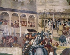 マルパガ城でデンマークのクリスチャン1世を称えるトーナメント、左側から詳細、1520-30 作： Girolamo Romanino