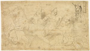 ヘラクレスとディオメデスの牝馬が描かれた古代のレリーフ（レクト）：ドレープのかかったサテュロスと翼のある女性像（裏面） 作： Girolamo da Carpi