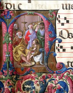 キリストが足を洗う様子を描いた装飾書簡。ジロラモ・ダ・クレモナ（1451-1483年頃活躍）とリベラル・ダ・ヴェローナ（1445-1529年）による、シエナの大聖堂の聖歌隊のミニチュア（Cod.22/7.c.37）。15世紀 イタリア・シエナのカテドラル（ドゥオモ 作： Girolamo da Cremona