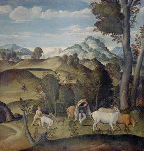 アポロの群れから牛を盗む若いマーキュリー 作： Girolamo da Santacroce (ca.1480 1556) (attributed to)
