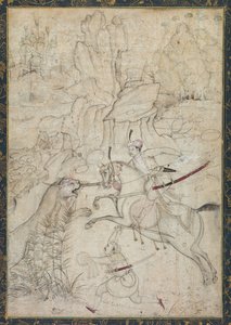 岩の多い風景の中でライオンを狩る騎馬王子 作： Girolamo della Robbia