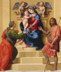 マドンナと子供は聖徒マリアマグダレンと洗礼者ヨハネと一緒に即位しました。 1523。 作： Giuliano Bugiardini