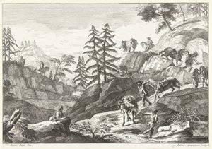 トレイルで馬を下り坂に導くライダーのいる山の風景 イタリアの風景（連載タイトル） 作： Giuliano Giampiccoli