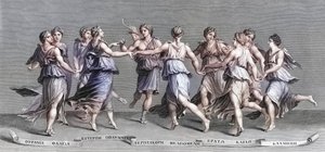 9人のオリンポスのミューズたちと踊るアポロン。(プリント） 作： Giulio (after) Romano