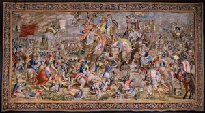 フランダースのタペストリー。 シリーズ The Acts of Scipio: The Battle at Zama. 漫画家のジュリオ・ロマーノ。 Balthasar van Vlierden (?) のアトリエ、ブリュッセル。 1523-1532。 作： Giulio (after) Romano