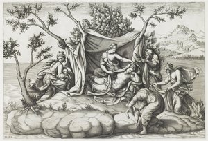 ラトーナがアポロとダイアナを出産、1575年以降にダイアナマントヴァナ（b.1535）によって彫刻（彫刻）